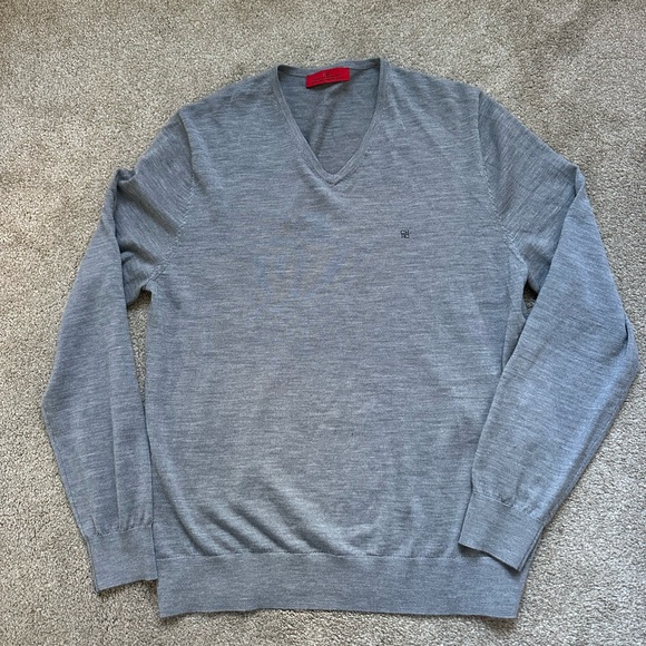 Carolina Herrera Men Extra Fine Merino Wool Grey V Neck Sweater Pullover